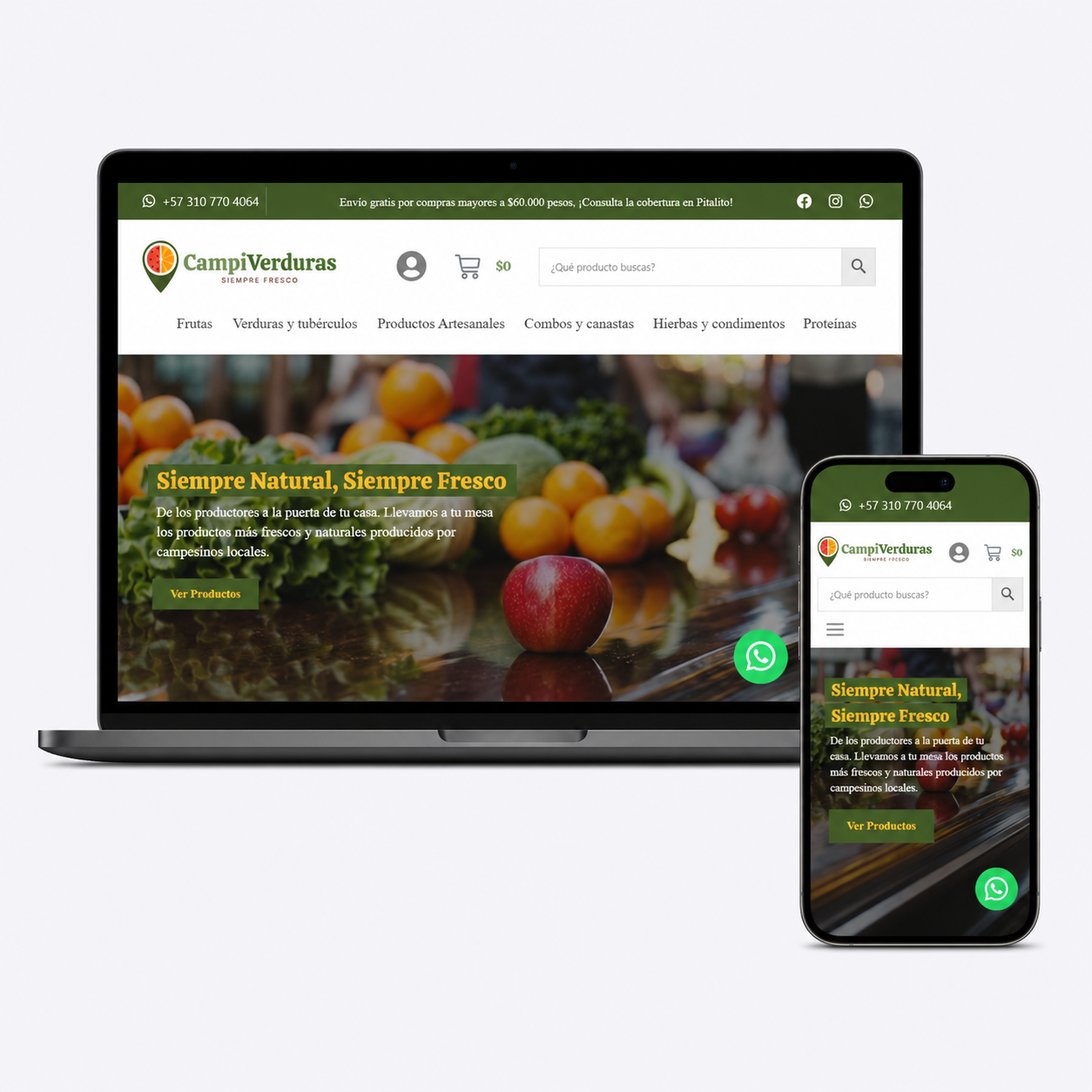 Tienda online de mercado campesino en laptop y móvil