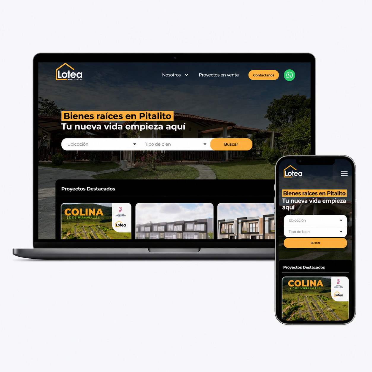 Página web inmobiliaria con buscador de propiedades en laptop y móvil