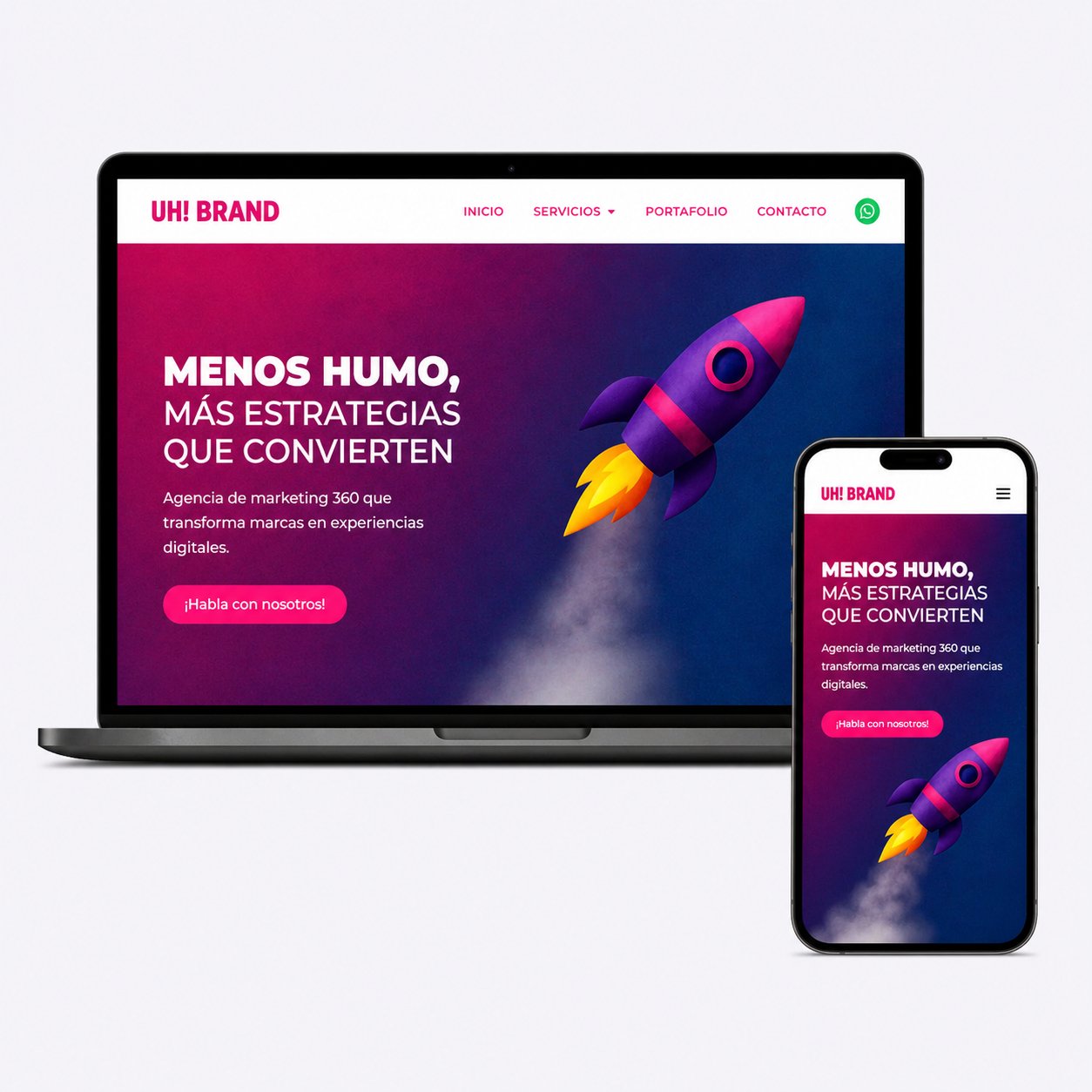 Página web de agencia de marketing UH Brand en laptop y móvil